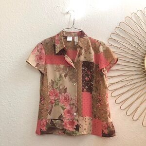 90s Vintage Fairy Cottagecore Patchwork Floral Button Shirt Top Blouse Tie Back